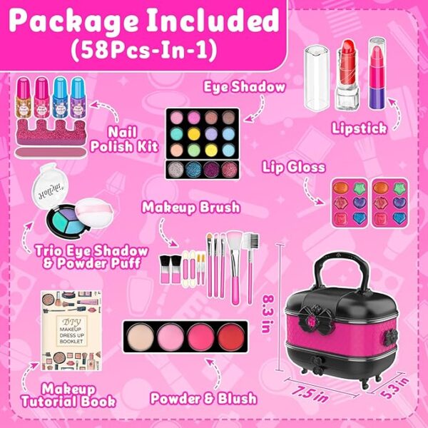 Hollyhi 58 Pcs Kids Makeup Kit for Girl, Princess Toys Real Washable Cosmetic Set with Mirror, Kids Makeup Sets for Girls, Play Make Up Birthday Gifts for 3 4 5 6 7 8 9 10 11 12 Years Old Kid (Rose) - Image 5